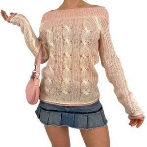 Double Layer Cable Knit Sweter gray pink light and cozy M